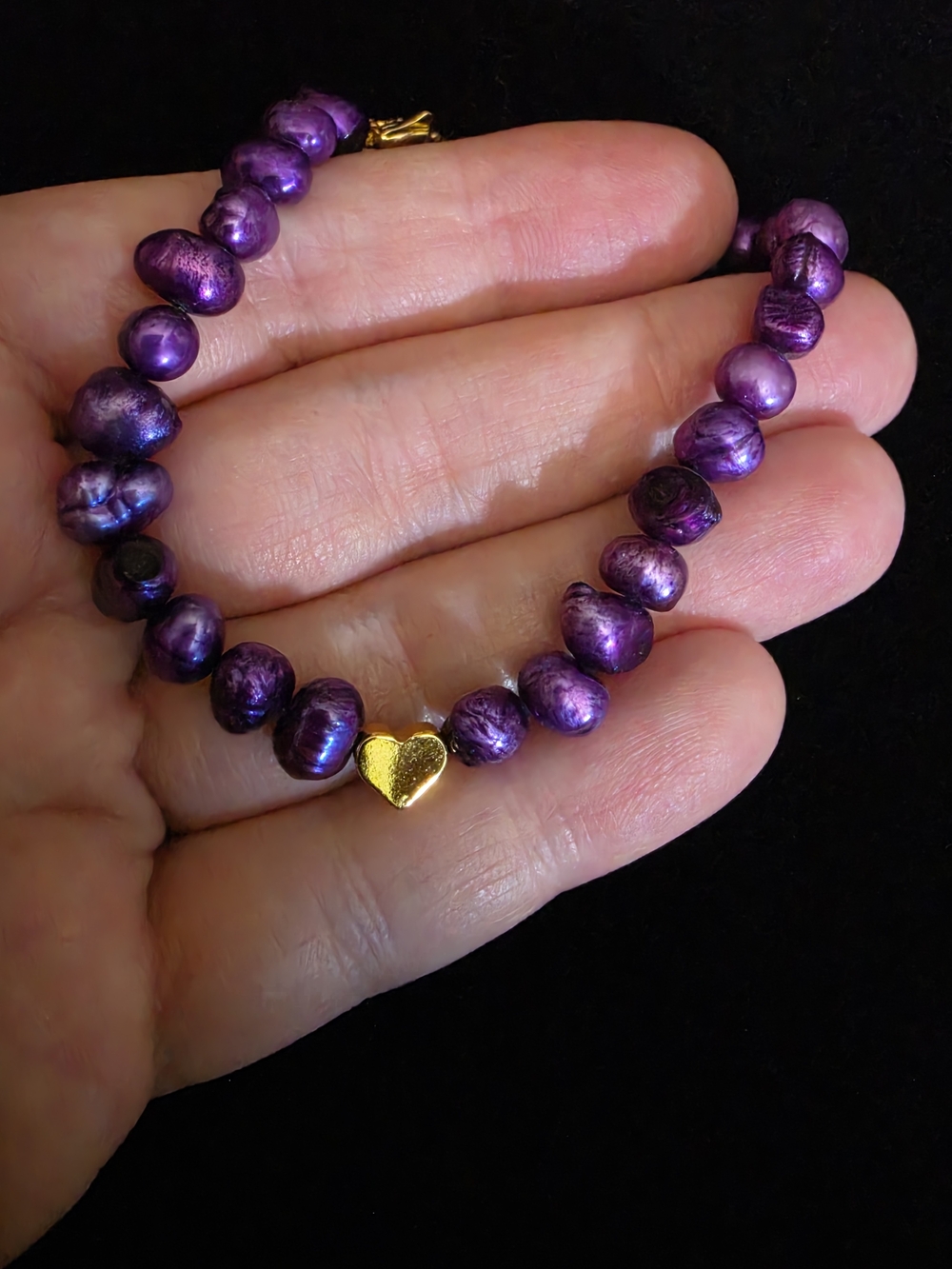 Handmade Colored Purple Pearl Bracelet with Gold Heart Accent